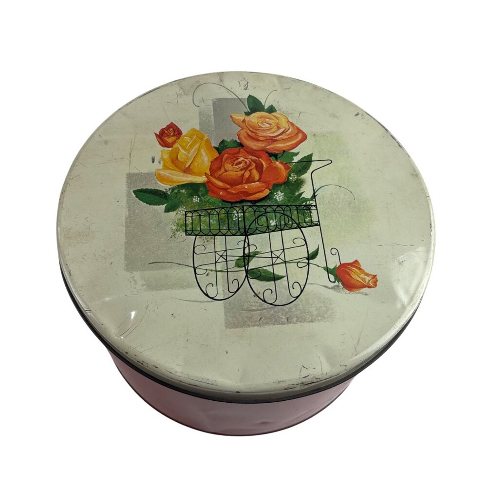 Vintage 50s Metal Tin Round Floral Cart Of Roses Decorative Storage Container - Picture 5 of 14